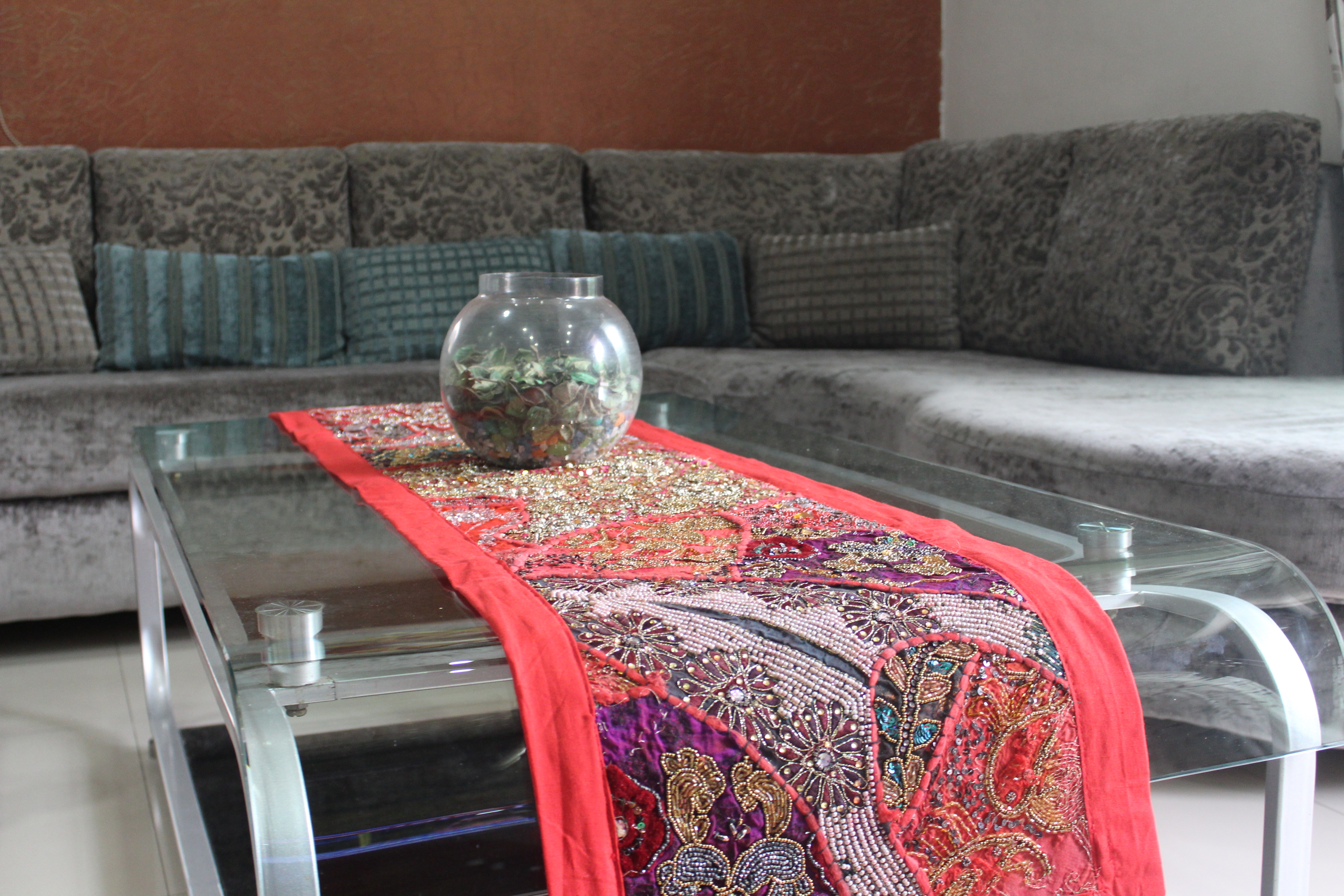 Red+  Multi Color Cotton Hand Embroidered Table Runner