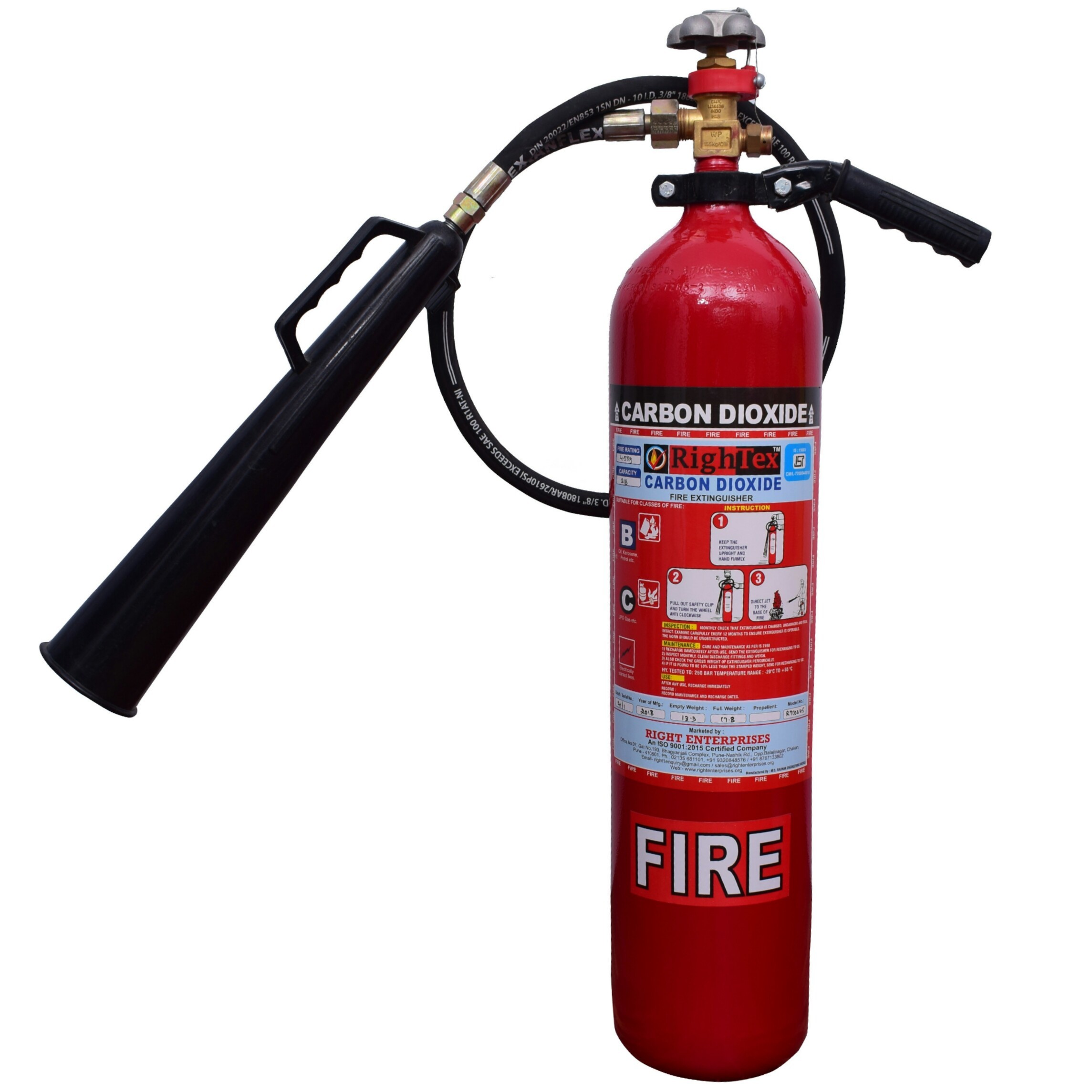 Carbon Dioxide Fire Extinguisher - Seamless Steel, 2-4.5 Kg Capacity, -30â°c To +55â°c Operating Temp, 95% Discharge, Co2 Media | Effective For Class B & C Fires, 2 Mtrs Jet Length, Reliable Portable Design