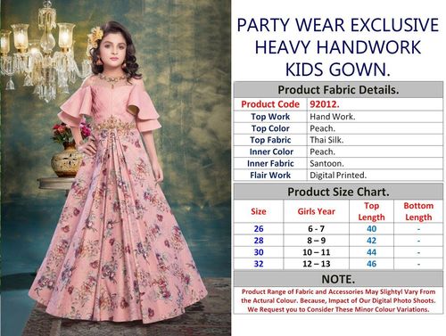 Kids Party Wear - Silk Fabric , Peach Color, Handwork Design, Sizes 26-32 for Ages 4-13
