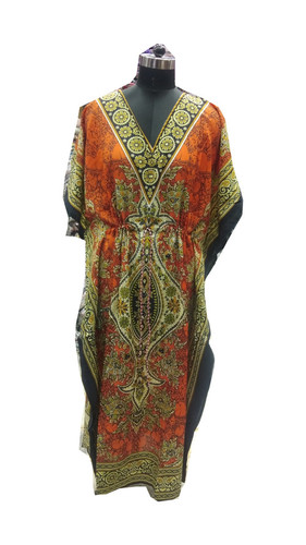 Ladies Kaftan - Polyester, 52 Inch Length, Black and Orange, Printed Design | Anti-Wrinkle, Breathable, Quick Dry, Perfect for Parties, Seamless Stitching