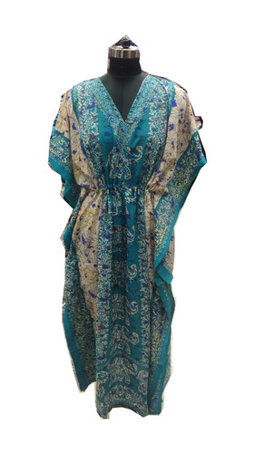 Ladies Kaftan - Polyester & Cotton 52-Inch Long Kaftan, Mix-Assorted Blue and Cream, 3-4th Sleeves, Printed Design, Skin-Friendly & Colorfast