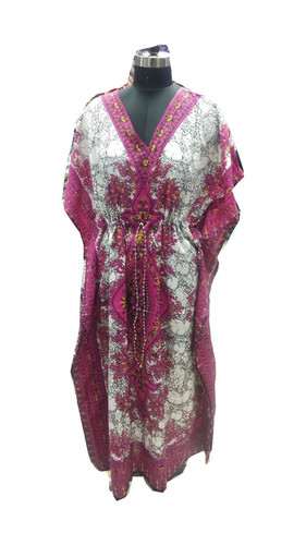 Ladies Polyester Kaftan - 52 Inch Long, Red And Cream Printed, 3/4 Sleeve, Breathable, Anti-wrinkle, Ethnic Traditional Style For Parties