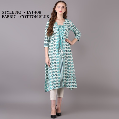 Printed Green Cotton Blend A-Line Kurti - 48 Inches Length, Quick Dry & Breathable Features, 3-4th Sleeve Style for Girls, Plus Size Options