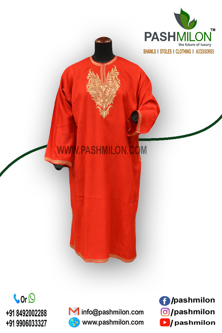 Winter Wear - Cashmere Material, Medium Size, 40 Inch Length | V-neck, 3/4 Sleeve, Pink With Gold Thread Embroidery
