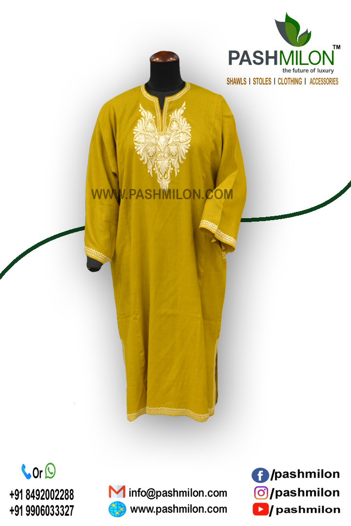 Winter Wear - Cashmere Material, Medium Size, 40 Inch Length | V-neck, 3/4 Sleeve, Pink With Gold Thread Embroidery
