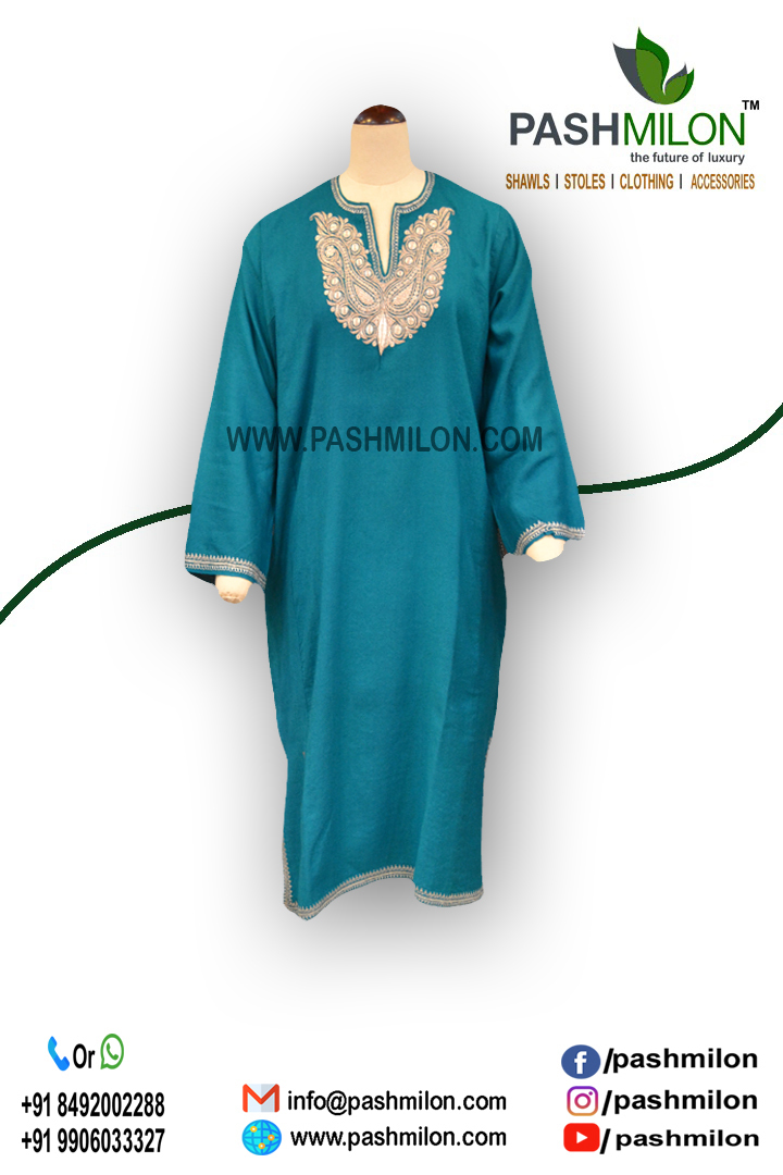 Winter Wear - Cashmere Material, Medium Size, 40 Inch Length | V-neck, 3/4 Sleeve, Pink With Gold Thread Embroidery