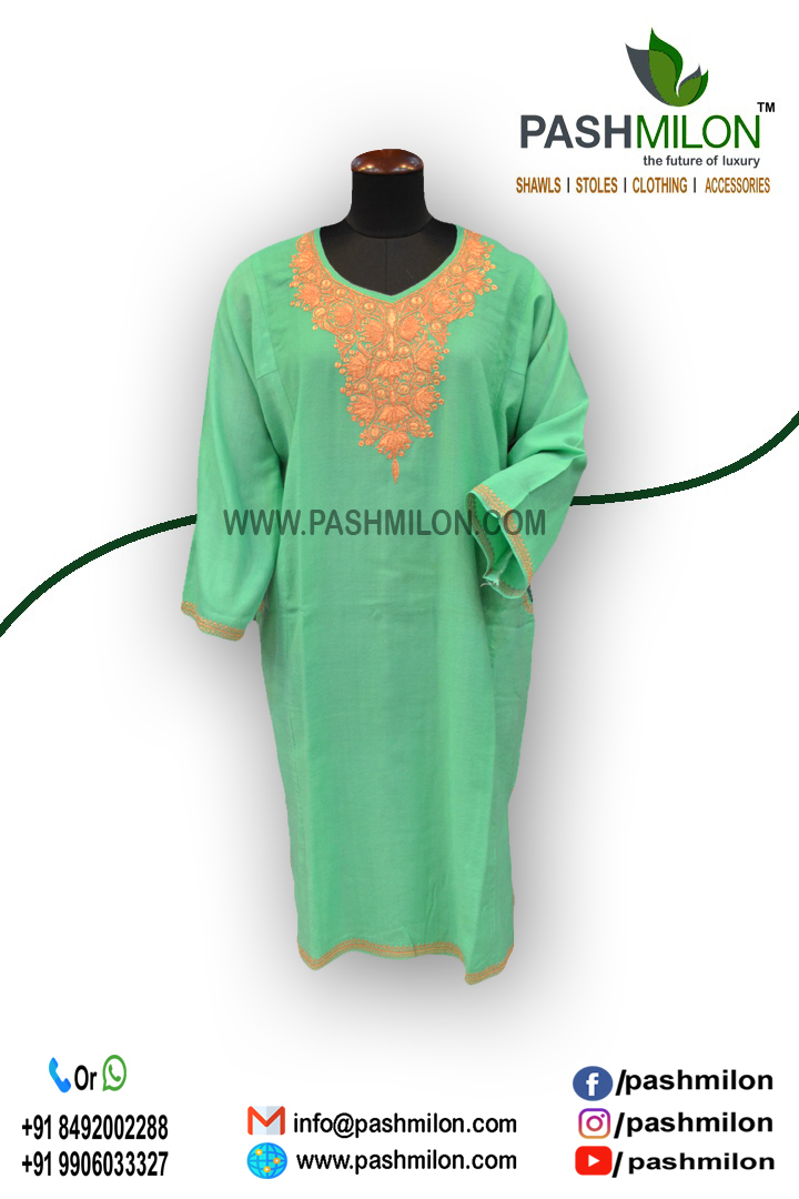 Winter Wear - Cashmere Material, Medium Size, 40 Inch Length | V-neck, 3/4 Sleeve, Pink With Gold Thread Embroidery