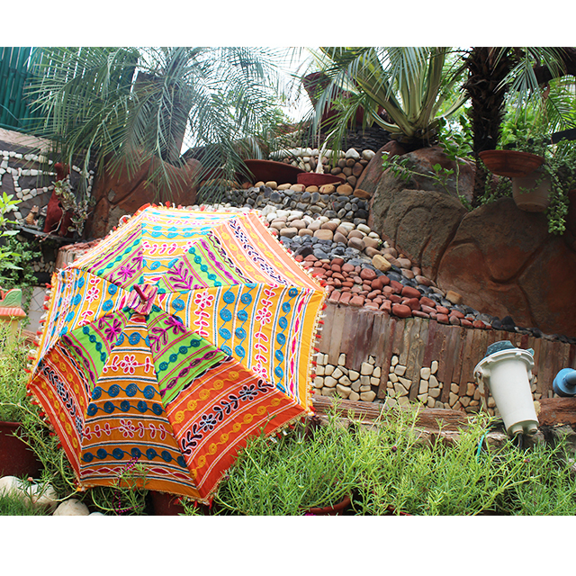 Rajasthani Embroidered Cotton Sun Umbrella - 31 Inch Diameter, Multi-color Design | Foldable, Lightweight Plastic Handle, Perfect For Summer
