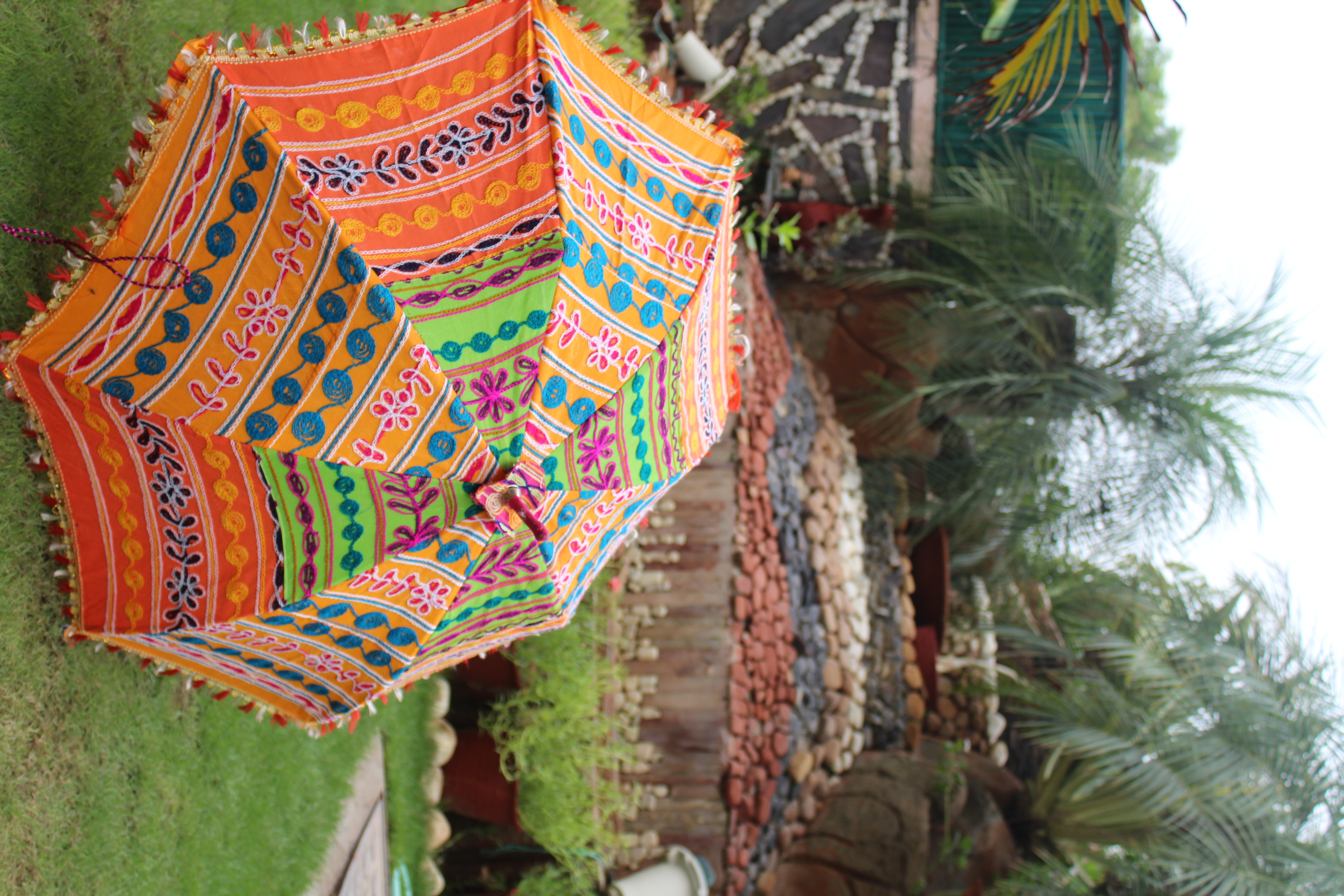 Rajasthani Embroidered Cotton Sun Umbrella - 31 Inch Diameter, Multi-color Design | Foldable, Lightweight Plastic Handle, Perfect For Summer