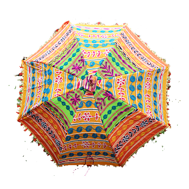 Rajasthani Embroidered Cotton Sun Umbrella - 31 Inch Diameter, Multi-color Design | Foldable, Lightweight Plastic Handle, Perfect For Summer