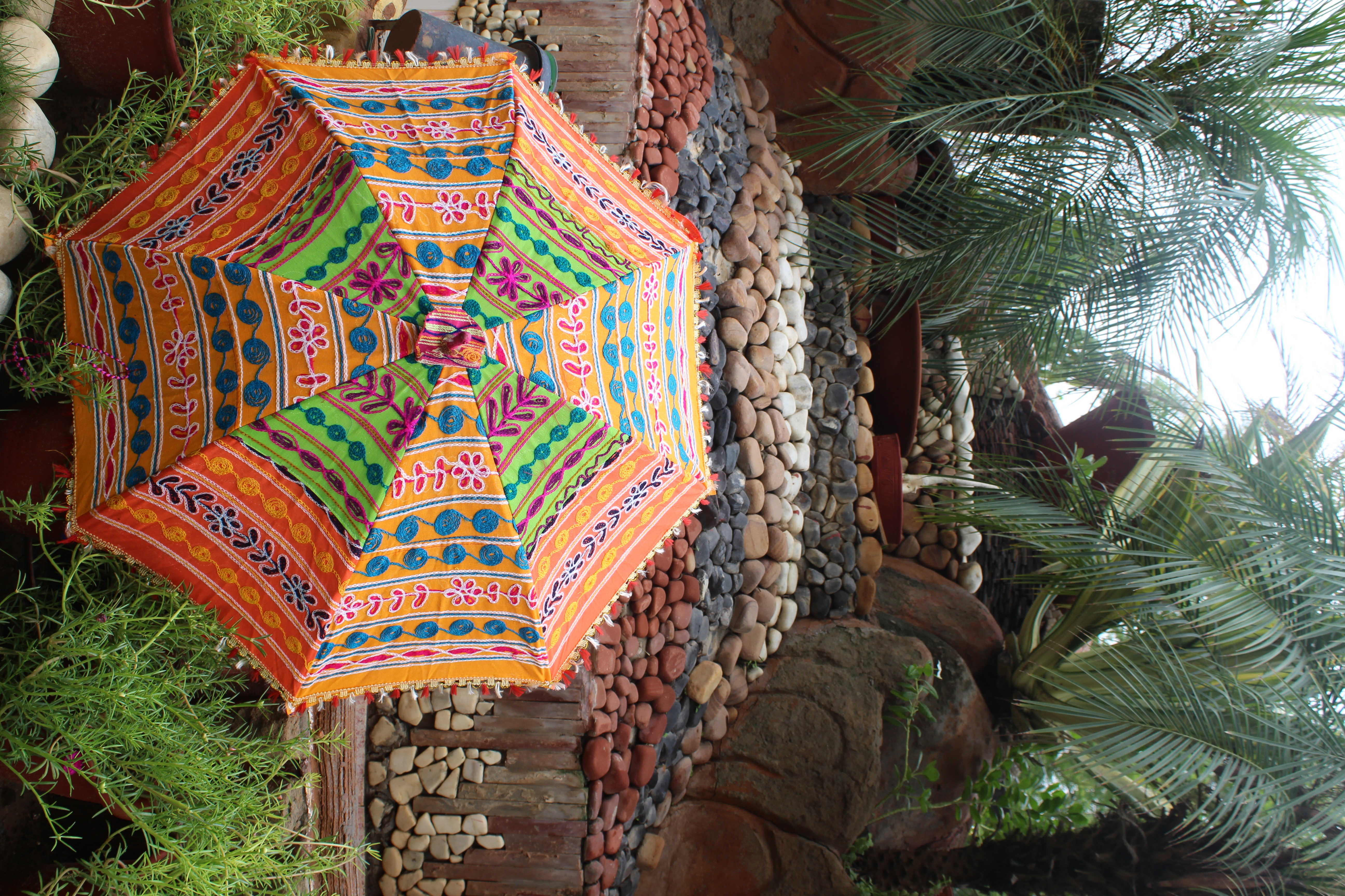 Rajasthani Embroidered Cotton Sun Umbrella - 31 Inch Diameter, Multi-color Design | Foldable, Lightweight Plastic Handle, Perfect For Summer