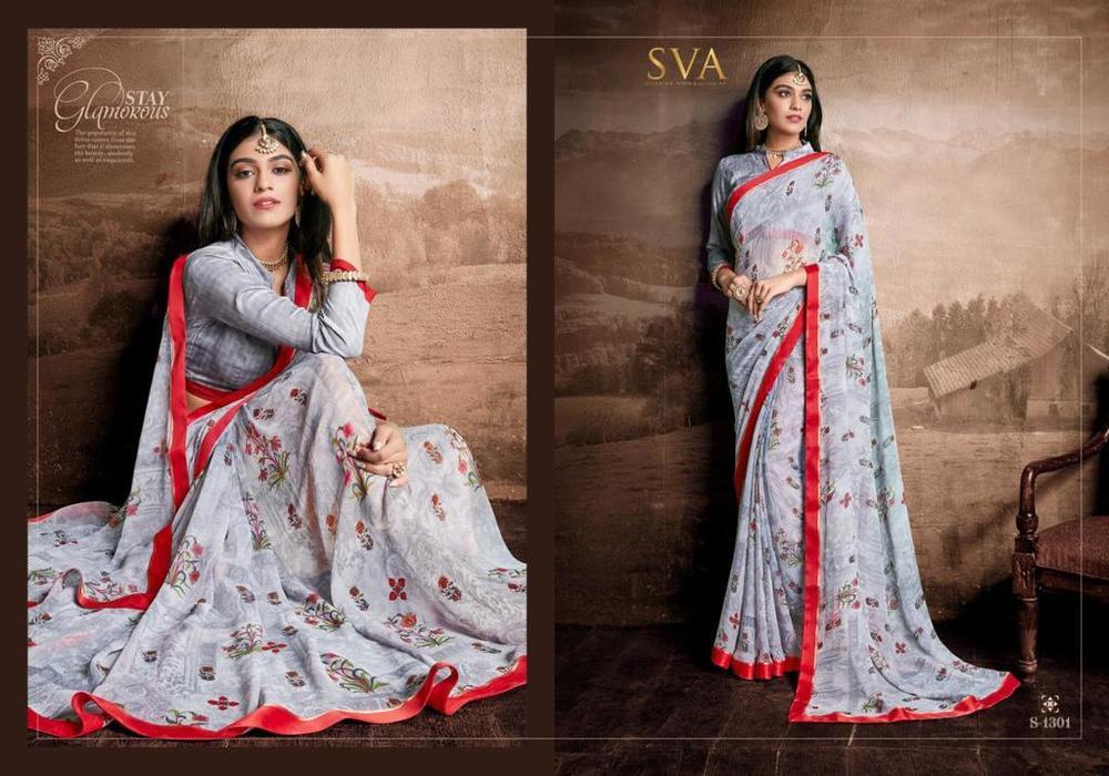 ग्रे प्रिंटेड जॉर्जेट सिल्क साड़ी