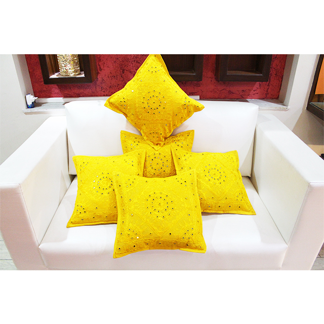 Yellow Indian Handmade Embroidery Mirror Work Cushion Covers