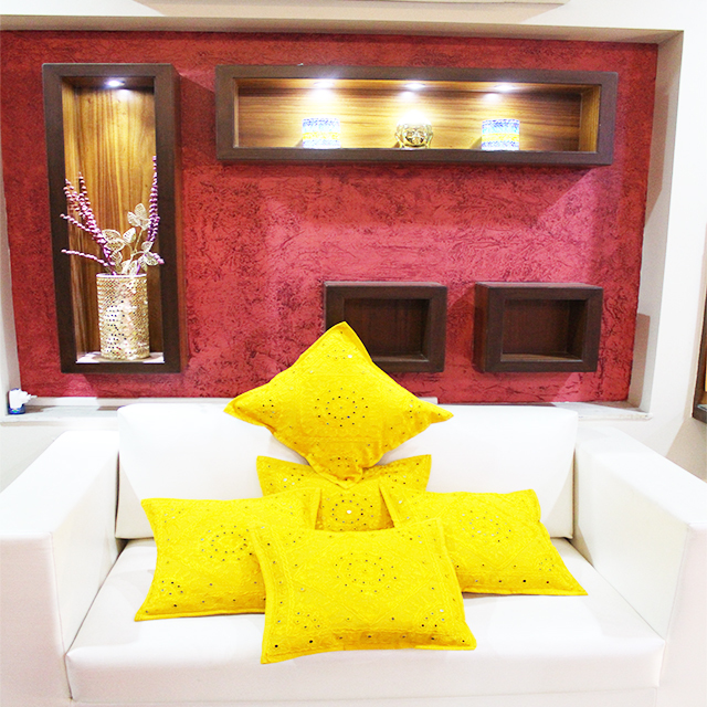Yellow Indian Handmade Embroidery Mirror Work Cushion Covers