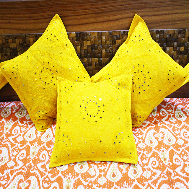 Yellow Indian Handmade Embroidery Mirror Work Cushion Covers
