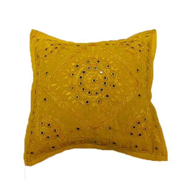 Yellow Indian Handmade Embroidery Mirror Work Cushion Covers