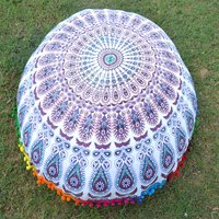 भारतीय कपास पॉम पॉम गोल फर्श इथनिक हस्तनिर्मित कुशन कवर