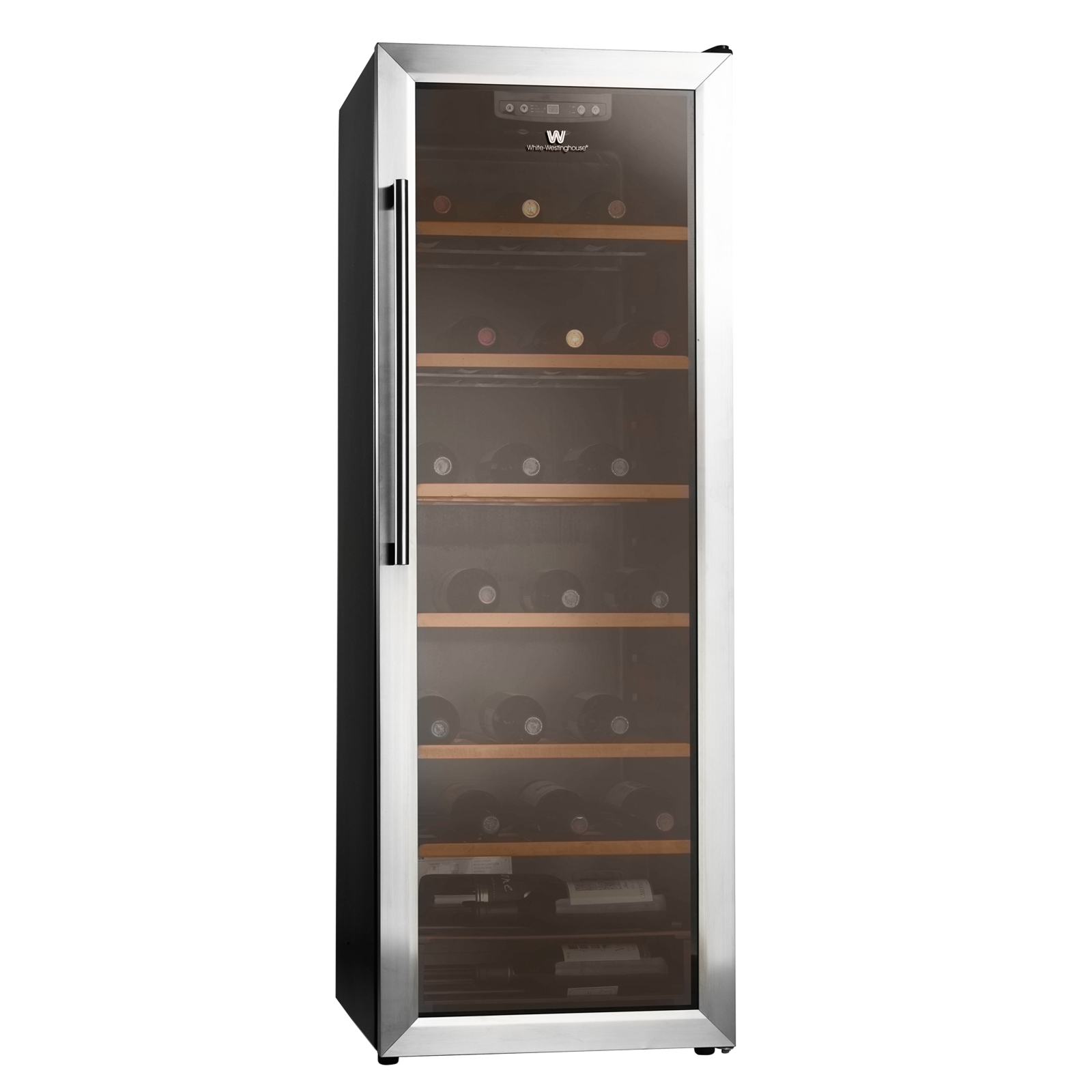 White Westinghouse Wine Cooler - Fibre, 839.978 Mm, Glass Door With Black Cabinet | Automatic Defrost, Led Display, Reversible Door, Security Lock, Roller Wooden Shelves, Internal Light