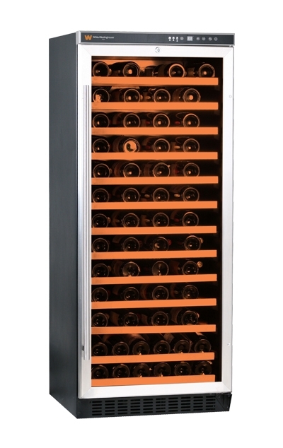 White Westinghouse Wine Cooler - Fibre, 839.978 Mm, Glass Door With Black Cabinet | Automatic Defrost, Led Display, Reversible Door, Security Lock, Roller Wooden Shelves, Internal Light