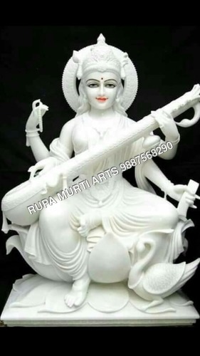 Saraswati Sitting Marble Statue Playing Sitar On Lotus