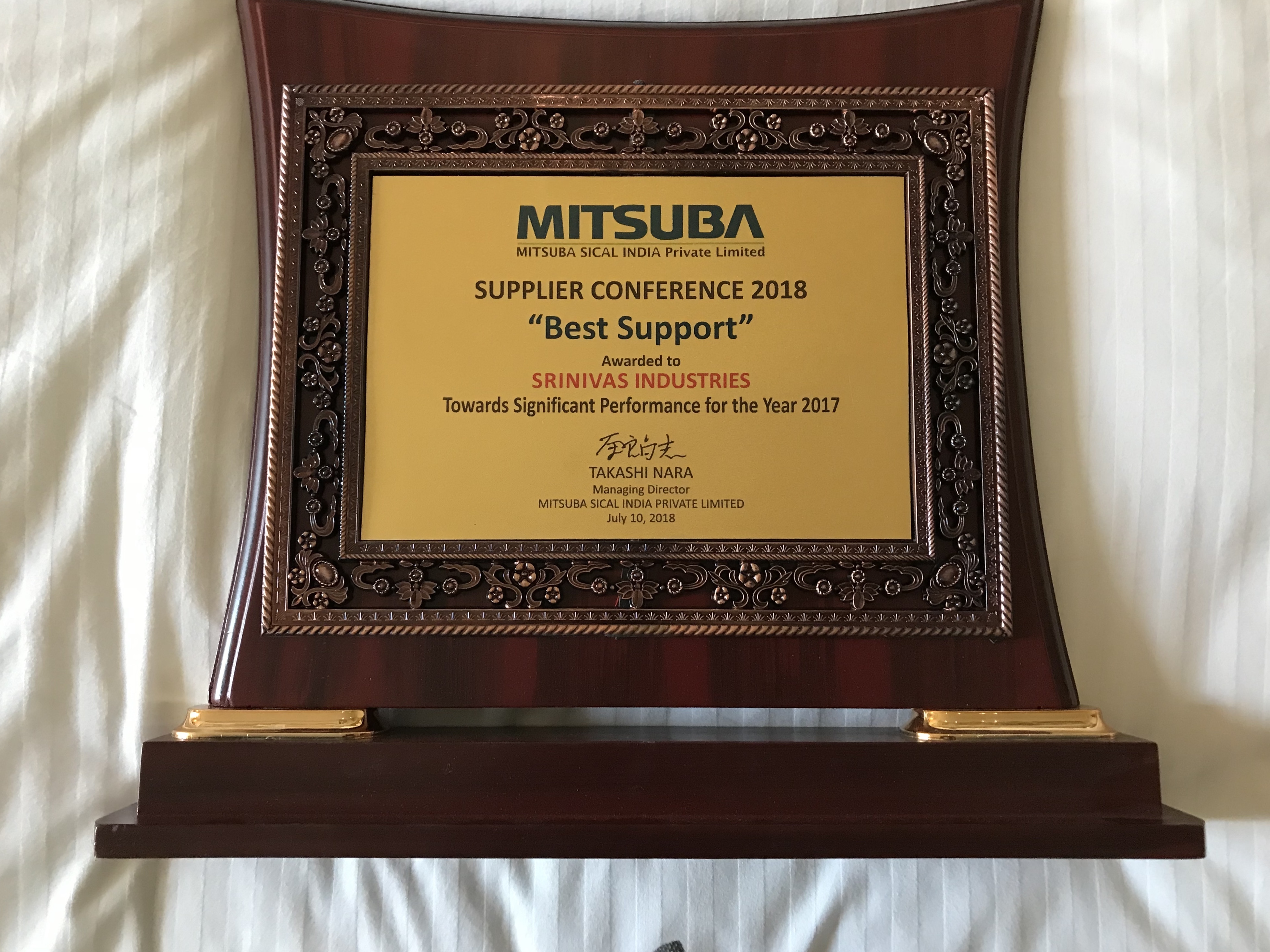Best Support Award 2017 From Mitsuba Sical India Private Limited