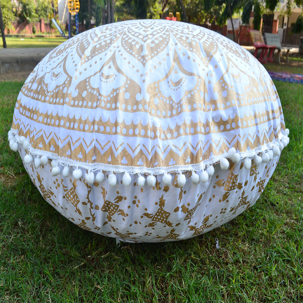 Golden Cotton Ottoman Traditional Handprint Mandala Gold Ombre Round Floor Cushion Cover