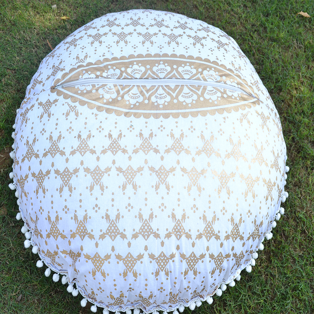 Golden Cotton Ottoman Traditional Handprint Mandala Gold Ombre Round Floor Cushion Cover