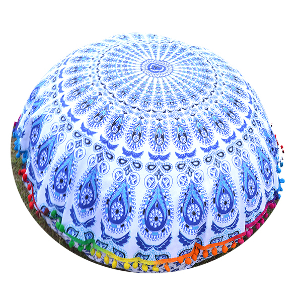 Multi-color Indian Pom Pom Mandala Pouf Round Throw Rajasthani Cushion Cover