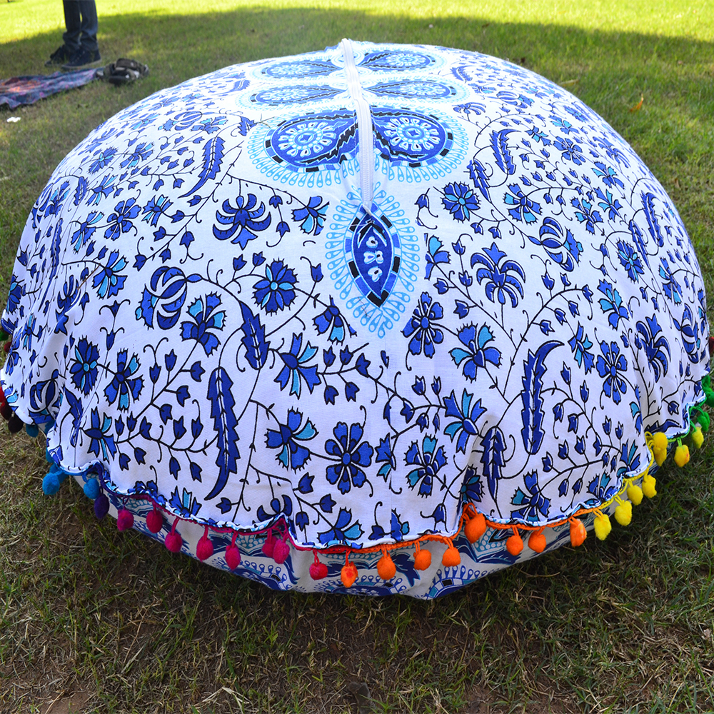 Multi-color Indian Pom Pom Mandala Pouf Round Throw Rajasthani Cushion Cover