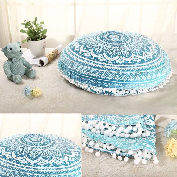 Round Floor Pillow Cover Ethnic Handmade Hand Printed Cushion Cover Dimensions: 32 Inch (In)