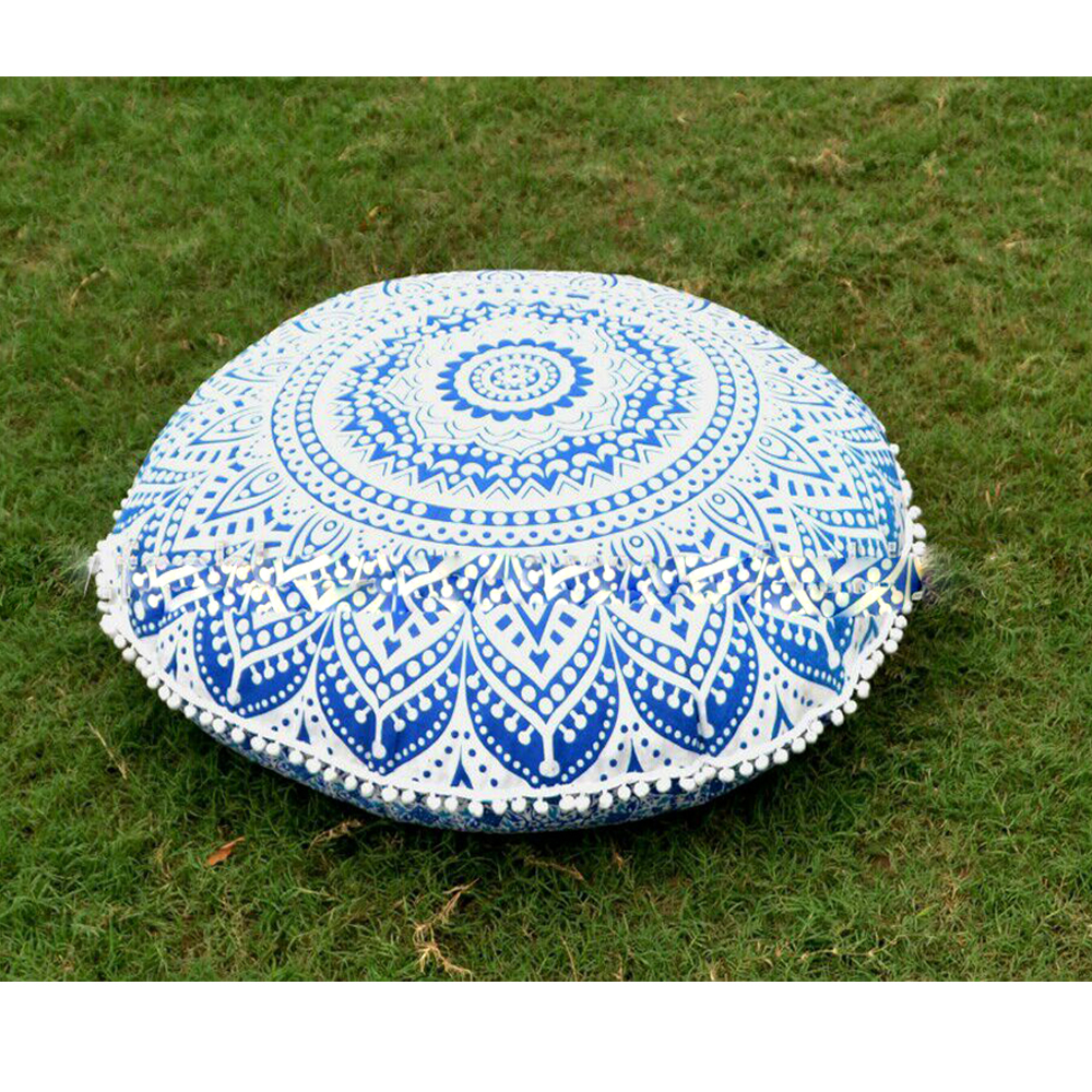 Round Floor Pillow Cover Ethnic Handmade Hand Printed Cushion Cover Dimensions: 32 Inch (In)