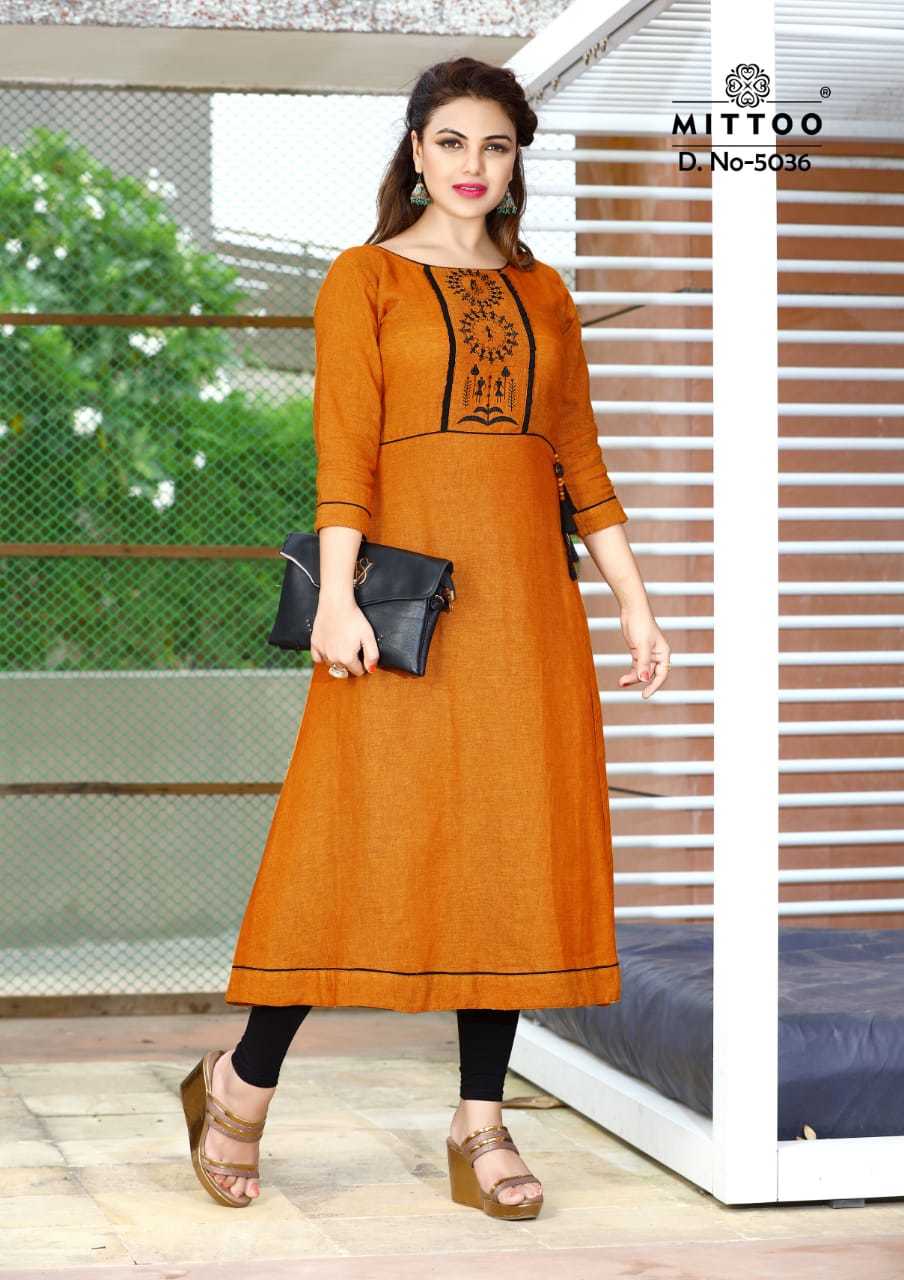 Embroiderd Mittoo Rayon Namo Slub Designer Kurtis Wholesale