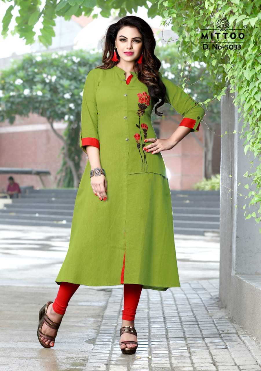 Embroiderd Mittoo Rayon Namo Slub Designer Kurtis Wholesale