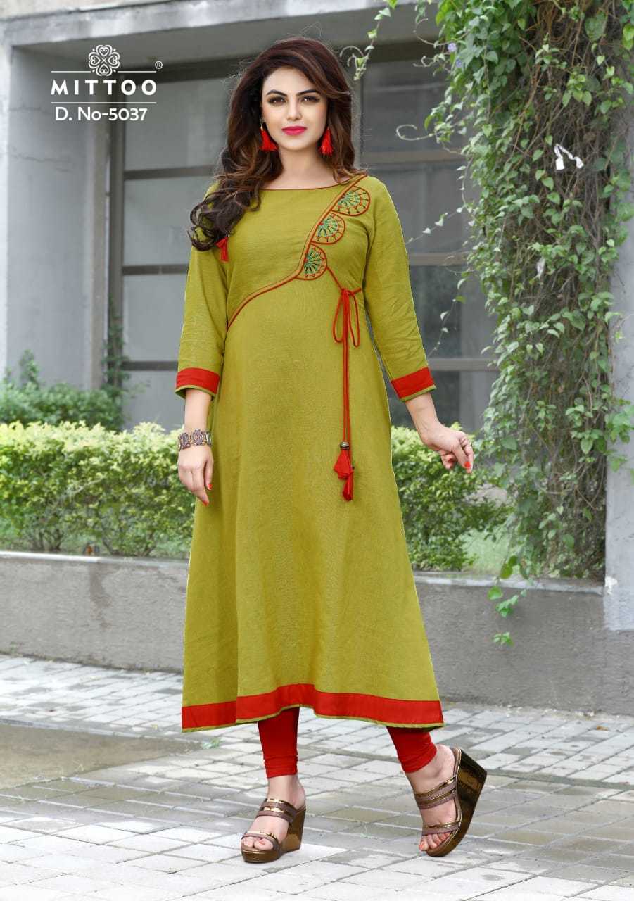 Embroiderd Mittoo Rayon Namo Slub Designer Kurtis Wholesale