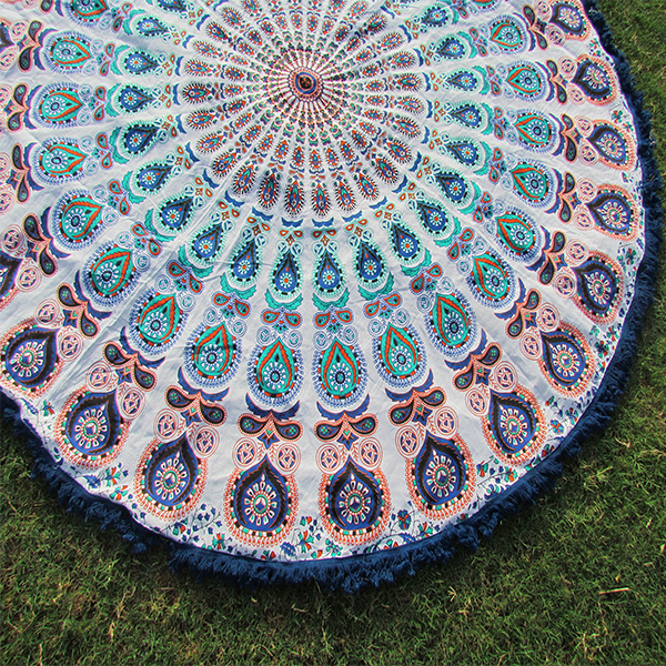 Multi Color Indian Cotton Peacock Print Mandala Beach Towel Yoga Mat Roundie