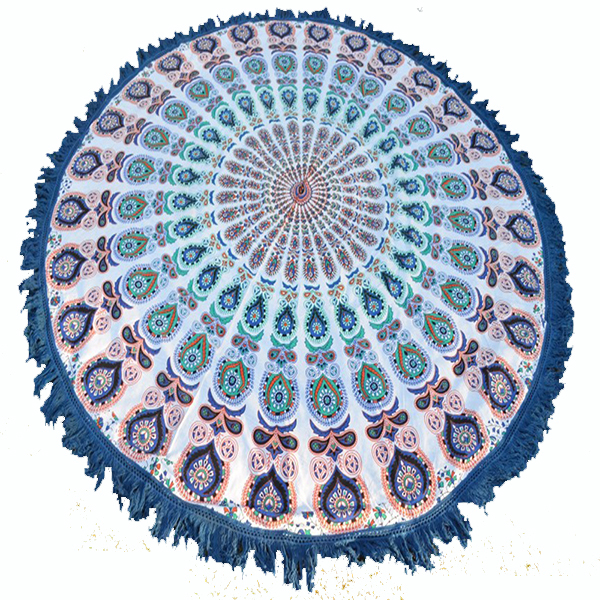 Multi Color Indian Cotton Peacock Print Mandala Beach Towel Yoga Mat Roundie