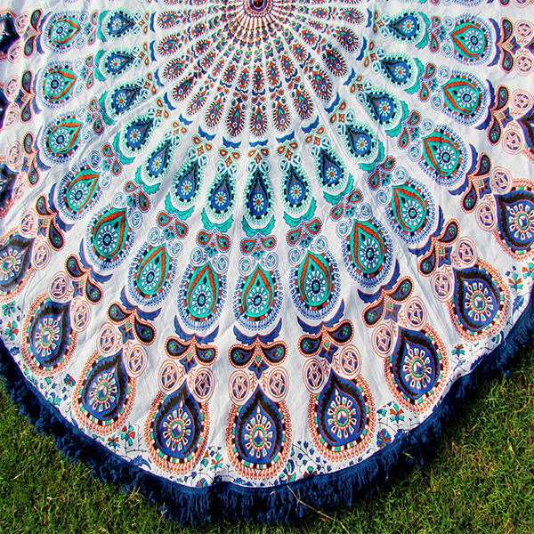 Multi Color Indian Cotton Peacock Print Mandala Beach Towel Yoga Mat Roundie