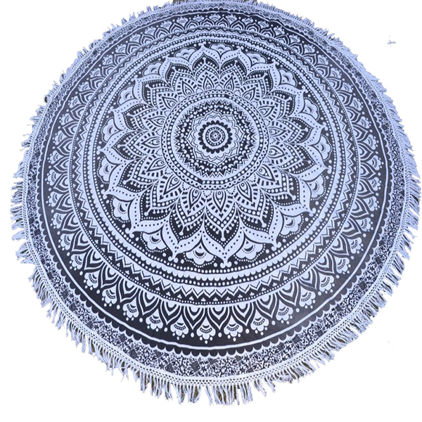 Mandala Printed Round Tapestry - 100% Cotton, 72 Inches | Black & White, Hand Washable, Quick Drying, Versatile For Beach, Camping, And Home Decor