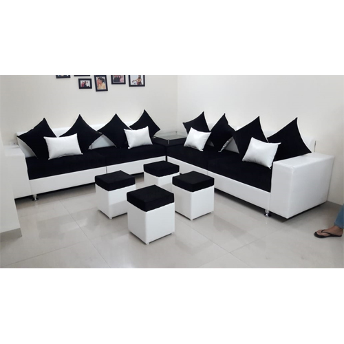 Stylish L Shape Sofa Set - Wood & Fabric, Black Color | Durable, Termite Resistant, Robust Structure, Seats 6, Comes with 8 Cushions