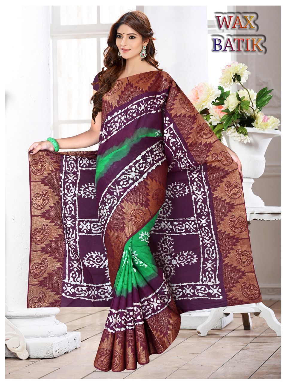 Green Wax Batik Saree Catalog