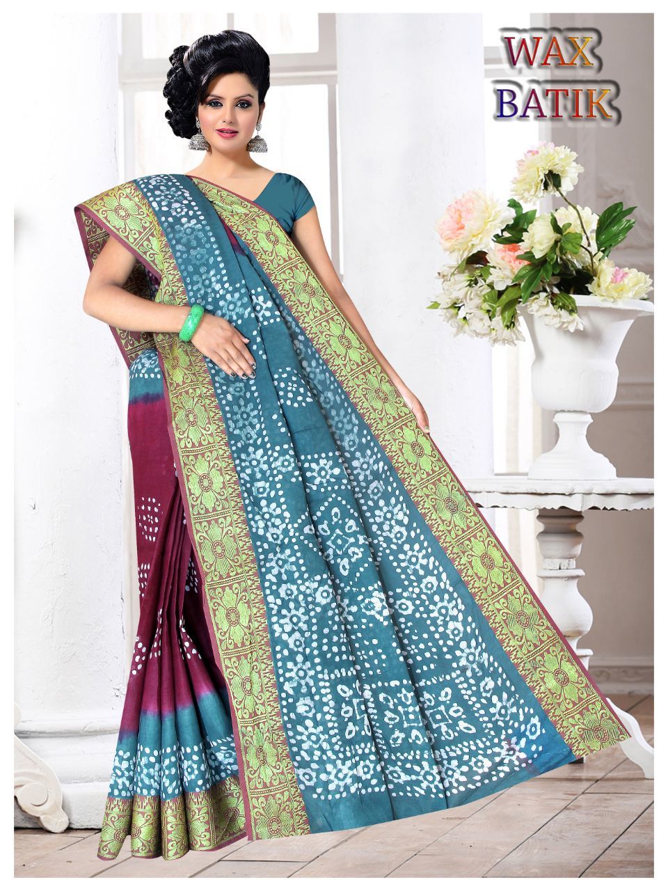 Green Wax Batik Saree Catalog