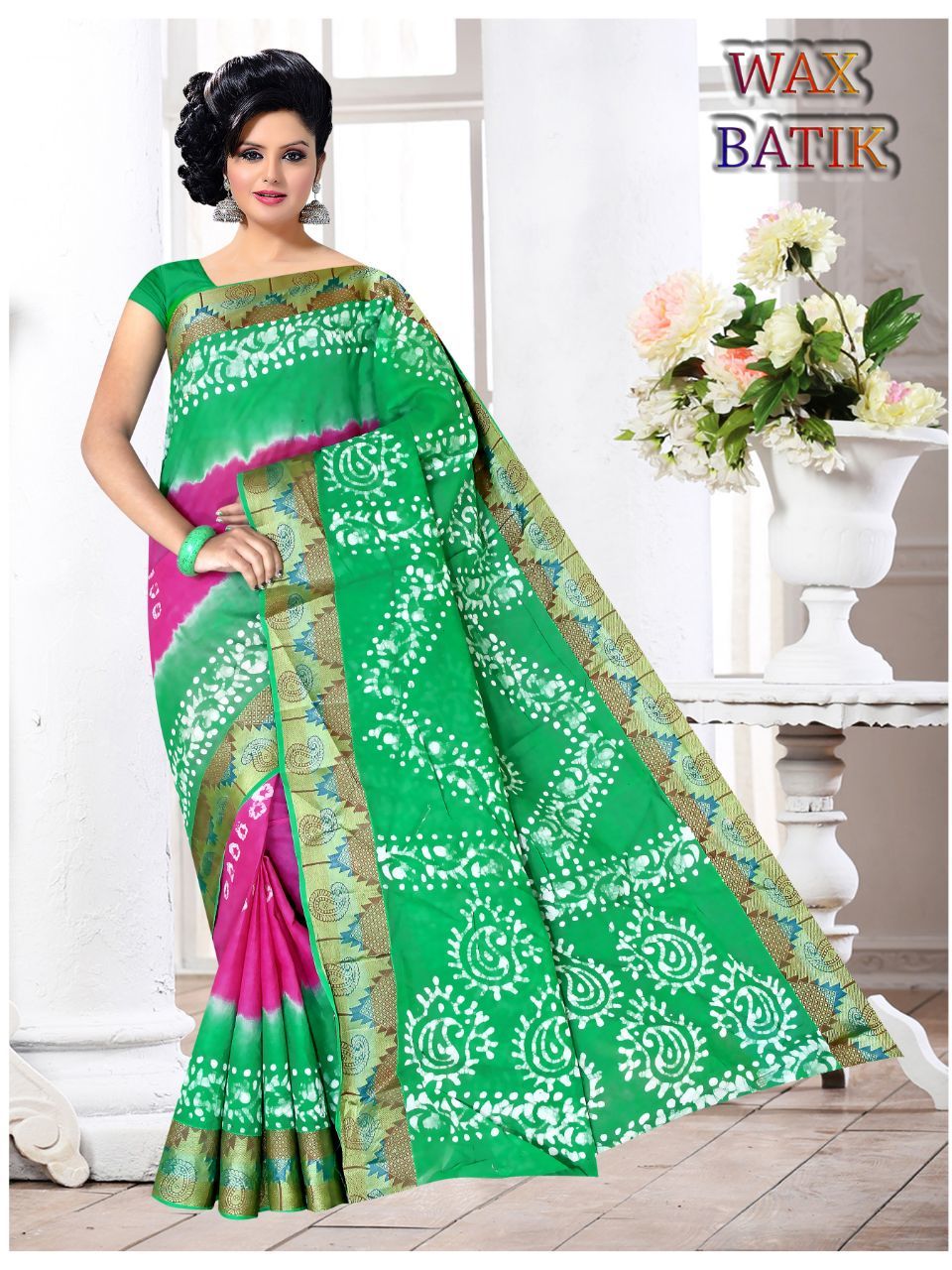 Green Wax Batik Saree Catalog