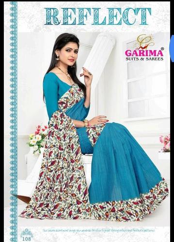 ब्लू लेटेस्ट कॉटन प्रिंटेड साड़ियों का कैटलॉग