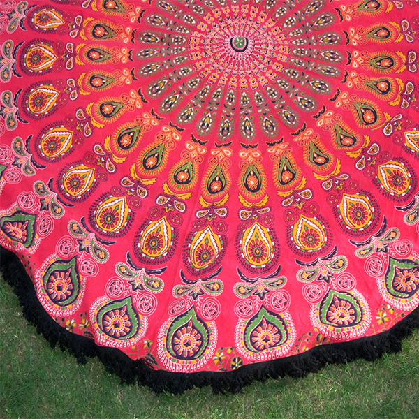 100% Cotton Mandala Printed Round Mat - 72 Inches, Red With Multi Color Design | Quick Drying, Hand Washable, Versatile For Beach, Home, And Decor