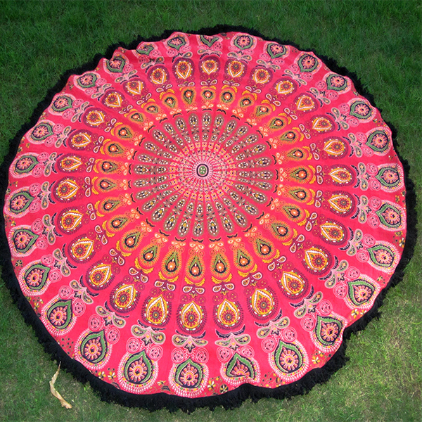 100% Cotton Mandala Printed Round Mat - 72 Inches, Red With Multi Color Design | Quick Drying, Hand Washable, Versatile For Beach, Home, And Decor
