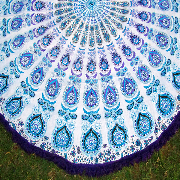 Purple + Multi Color White Base Hippie Roundie Yoga Mat Towel Tapestry