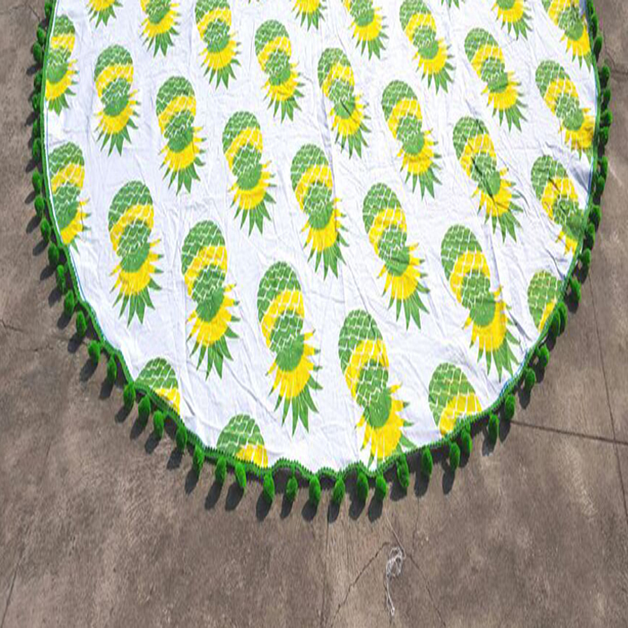 Yellow + Green + White Mandala Hand Printed Roundie Graffiti Pineapple Pattern Round Tapestry