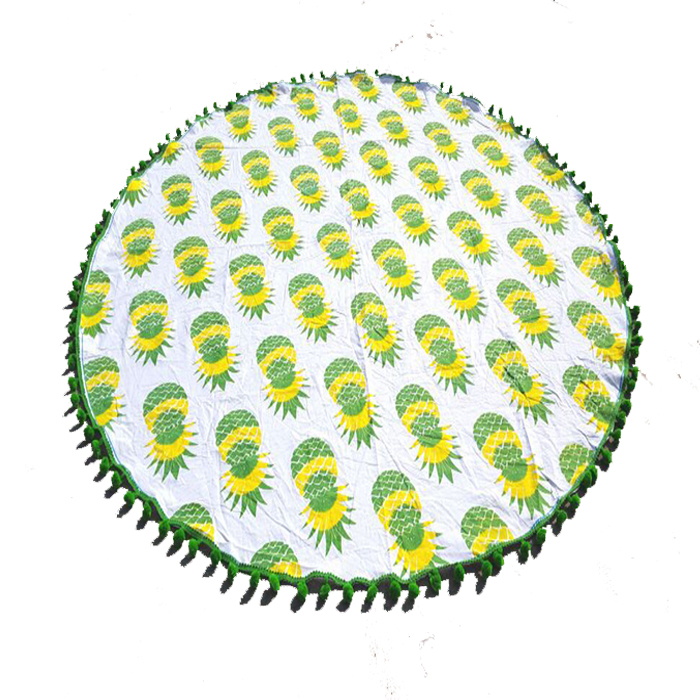 Yellow + Green + White Mandala Hand Printed Roundie Graffiti Pineapple Pattern Round Tapestry
