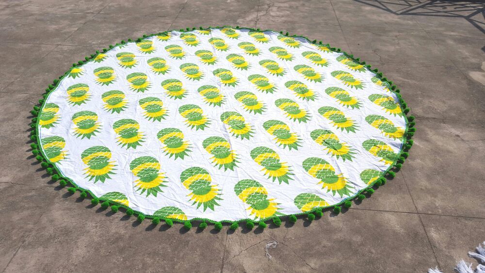 Yellow + Green + White Mandala Hand Printed Roundie Graffiti Pineapple Pattern Round Tapestry