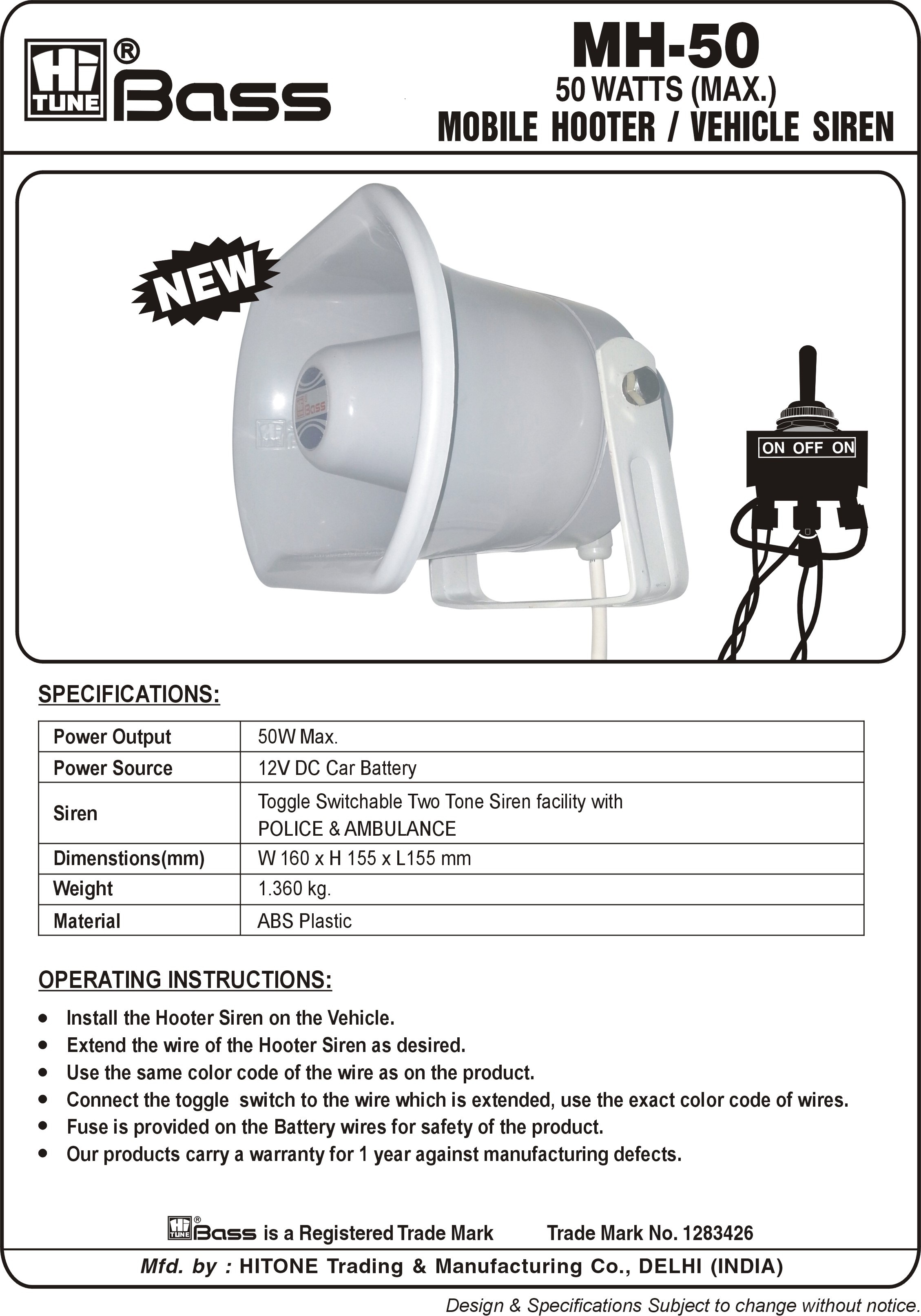 Car Siren Vehicle Siren Mh-50 - Material: Abs